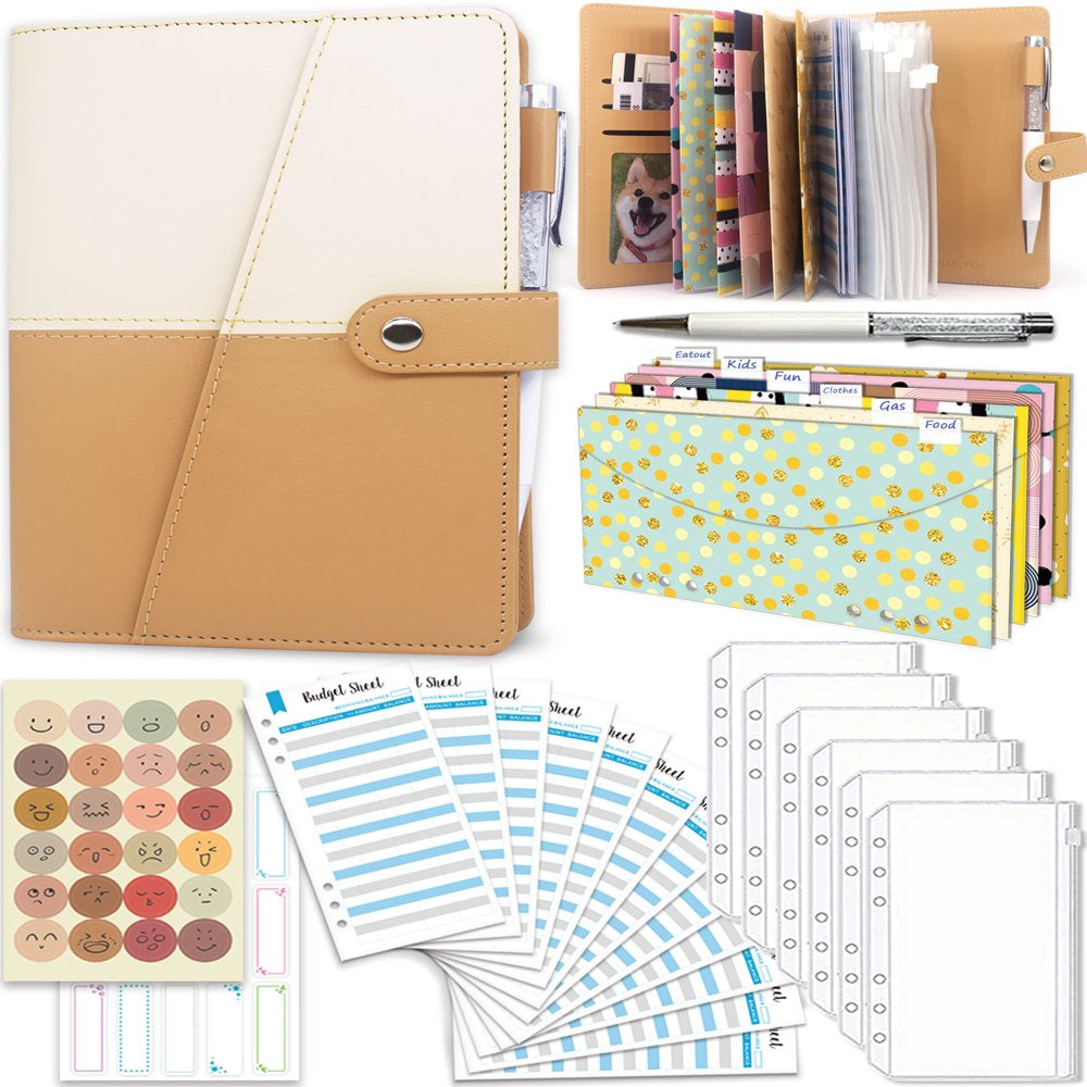 Budget Binder with Cash Envelopes,  Leather 6 Ring Budget Planner White and Khaki