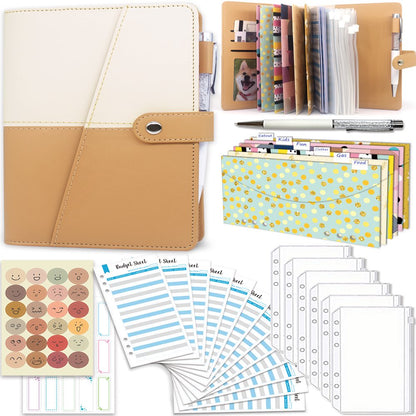 Budget Binder with Cash Envelopes,  Leather 6 Ring Budget Planner White and Khaki