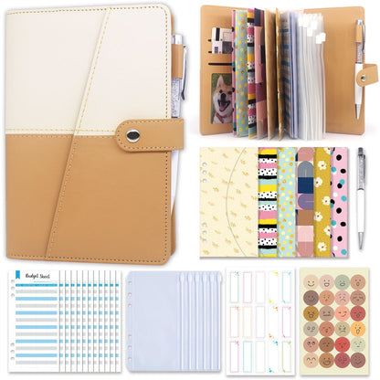 Budget Binder with Cash Envelopes,  Leather 6 Ring Budget Planner White and Khaki